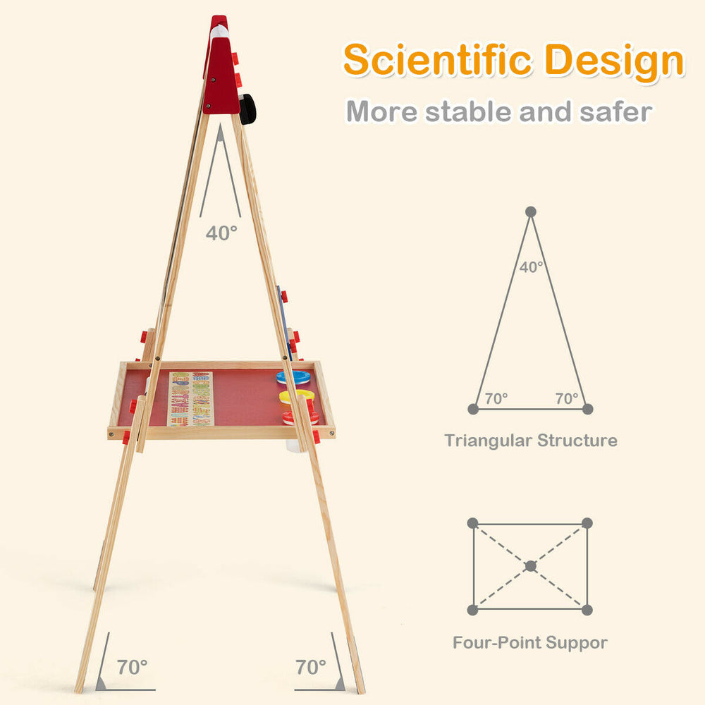 Height adjustable wooden art easel with double-sided boards, stable triangular structure, and included magnetic.