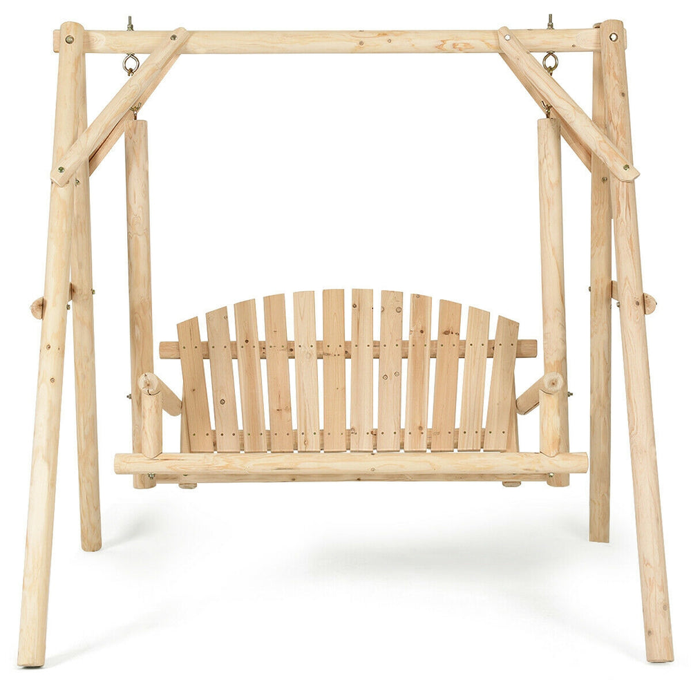 Outdoor wooden porch bench swing chair made of fir wood with a rustic curved back, ideal for patio and garden.
