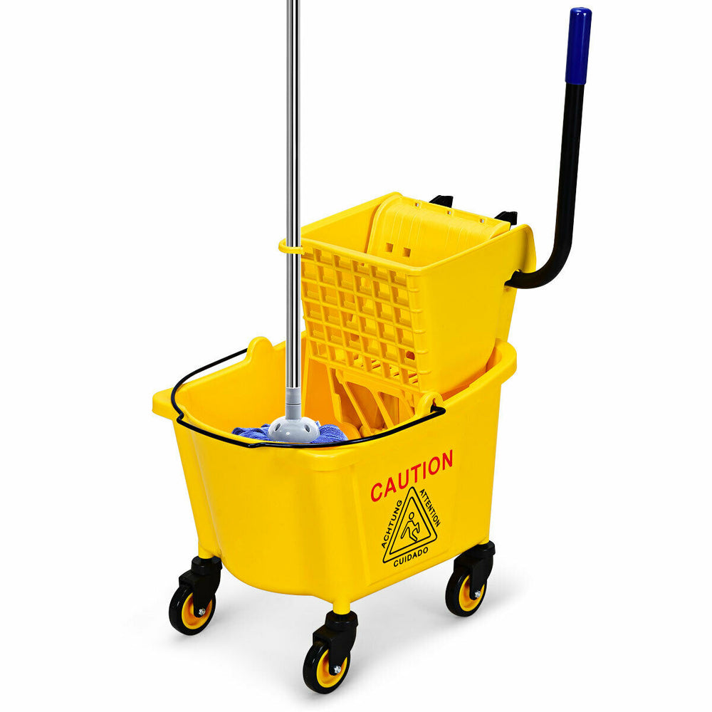 26 quart yellow mop bucket with side press wringer, swivel wheels, and ergonomic handle for easy mobility and pouring.