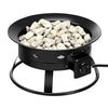 Portable propane fire pit with black powder-coated iron base and lava rocks, perfect for outdoor camping and gatherings.