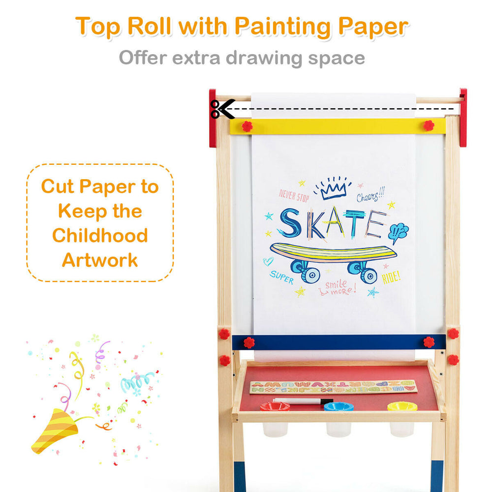 Top roll with drawing paper on a kid's art easel, featuring adjustable height and magnetic stickers for creative play.
