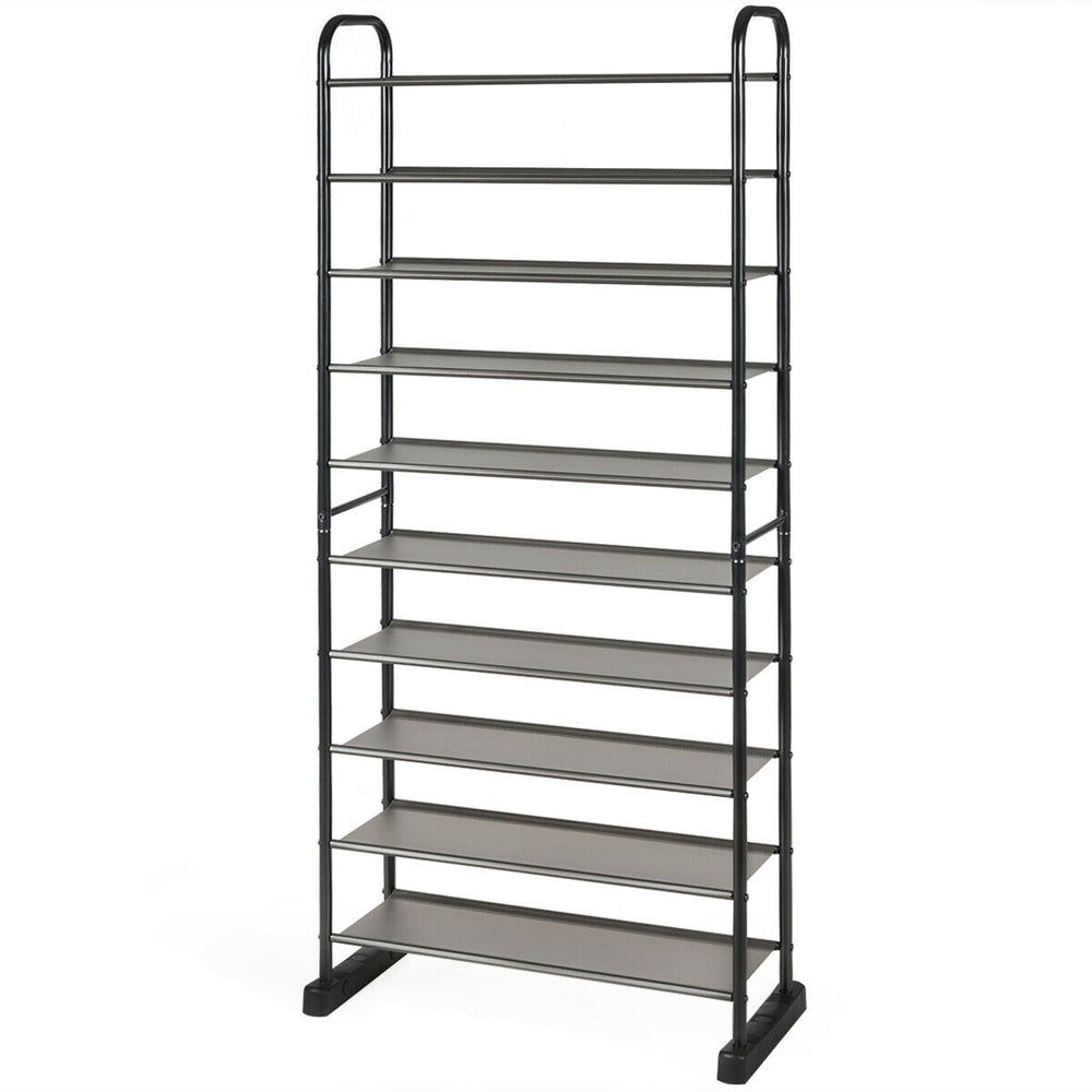 10-tier free-standing metal frame shoe rack with removable layers, ideal for compact spaces and easy to clean.