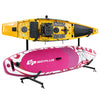 Freestanding height adjustable dual kayak storage rack with two kayaks, heavy-duty steel frame for indoor or outdoor.