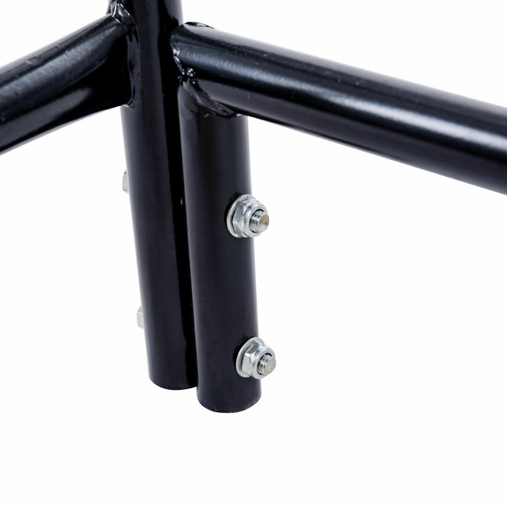 Close-up of the heavy-duty steel frame of the 4 feet outdoor firewood rack with black powder-coated finish.