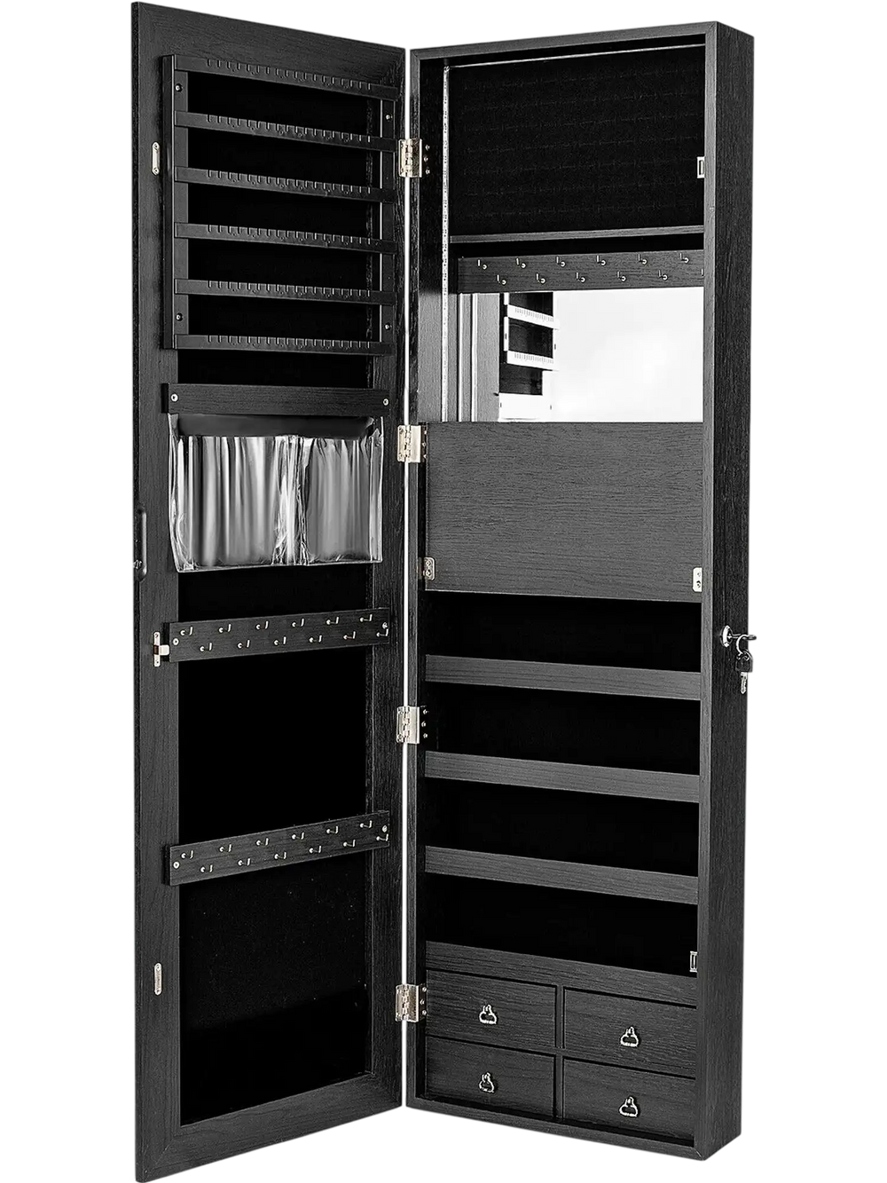 Multipurpose black storage cabinet with 4 drawers, inner mirror, and LED lights for organized jewelry and cosmetics.