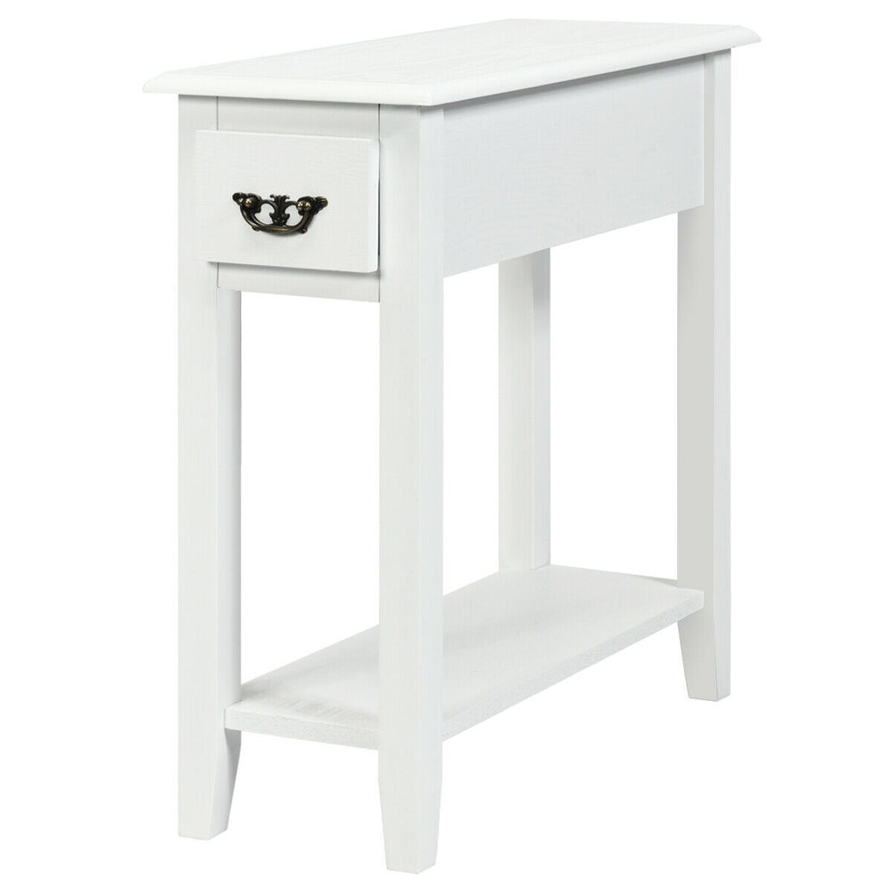White 2-tier end table with drawer and open shelf, perfect for narrow spaces in living rooms or bedrooms.