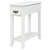 White 2-tier end table with drawer and open shelf, perfect for narrow spaces in living rooms or bedrooms.