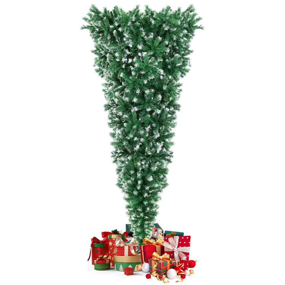 Snowy 7.5 ft upside down Christmas tree with 400 LED lights, featuring a cross-shaped metal base for stability.