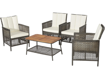Costway 5-Piece Patio Rattan Furniture Set Cushioned Sofa Wooden Tabletop Off White 85607923 New