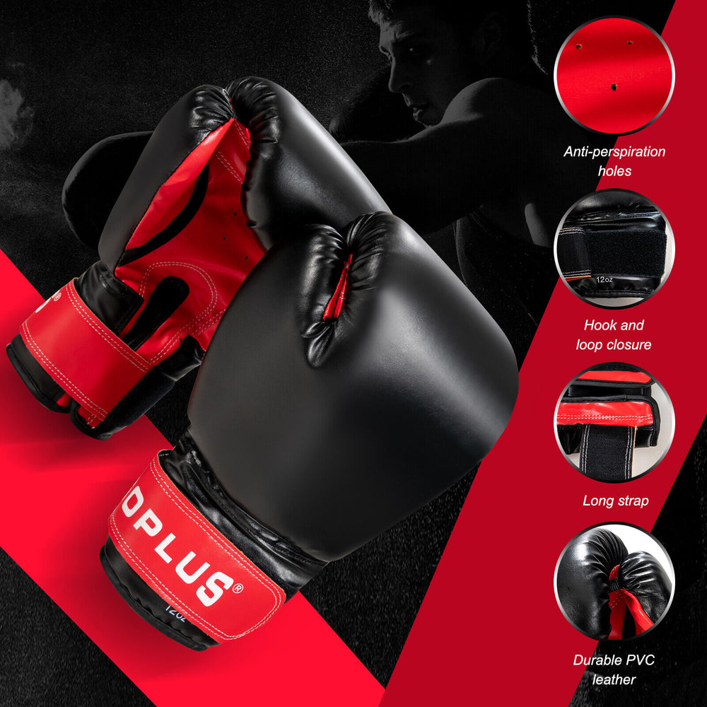 Black boxing gloves with red accents, made of durable PVC leather, featuring anti-perspiration holes for training.