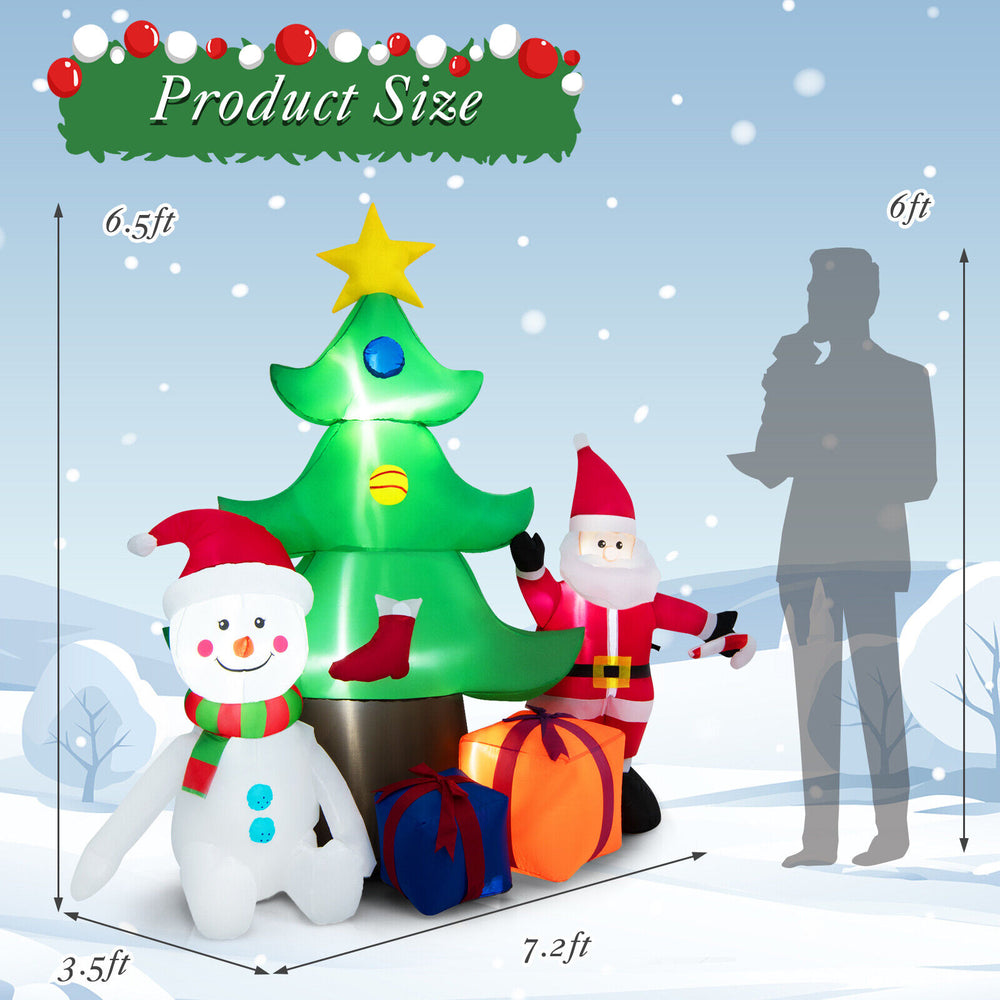 Dimension chart for 7.2 feet inflatable Christmas tree with Santa Claus and snowman, showcasing height and width for.