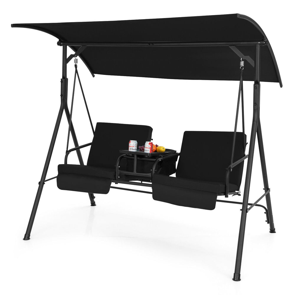 Two-seat porch swing chair with adjustable black canopy and middle table, perfect for backyard relaxation.