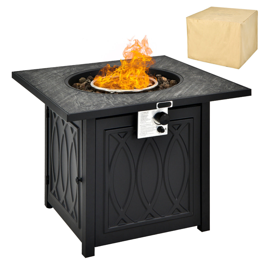 Square 32-inch propane fire pit table in black with lava rocks, ideal for outdoor patios and gardens, featuring a.