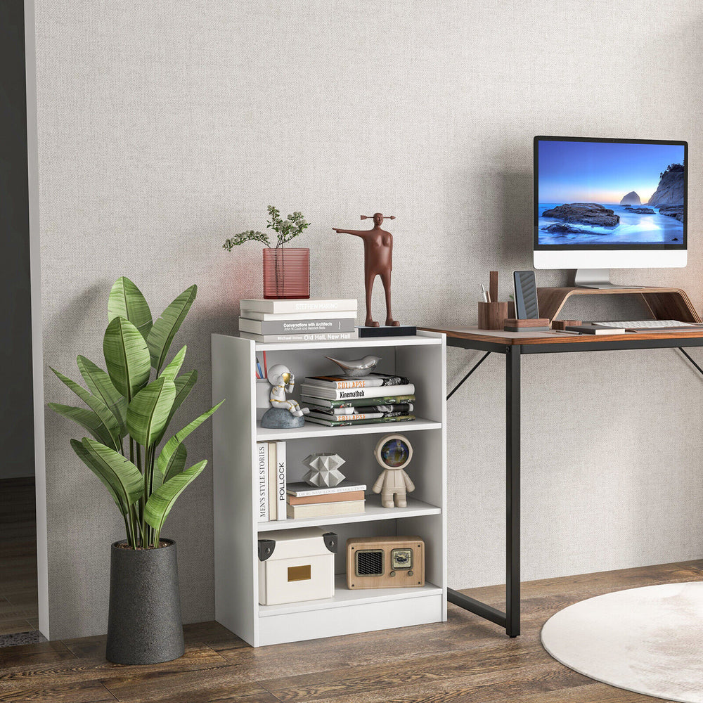 3-tier white bookcase with adjustable shelves, minimalist design, perfect for organizing living room or study supplies.