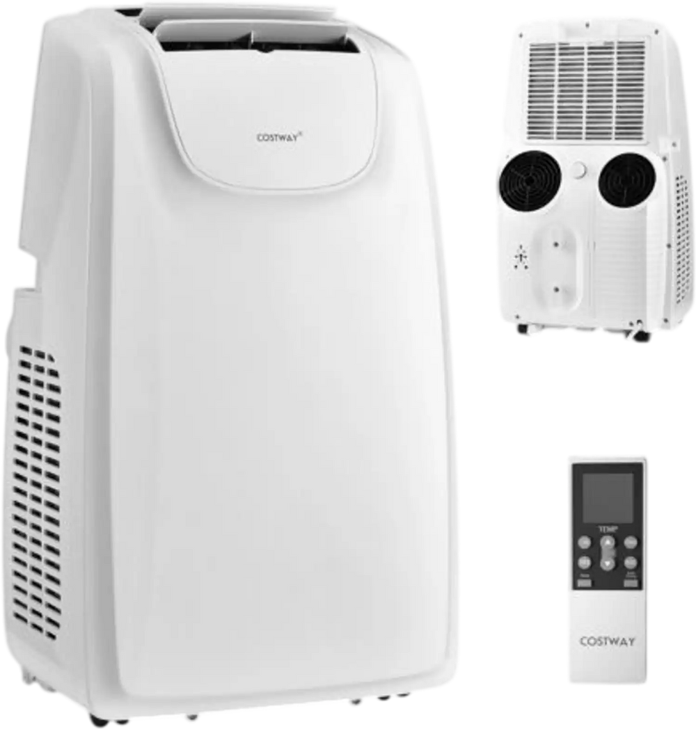 Dual hose portable air conditioner in white, showcasing easy-to-move design with carry handles and universal wheels.