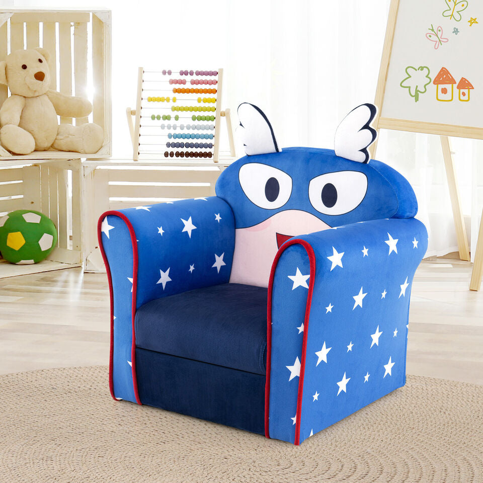 Kids sofa with armrest in blue, featuring a cute design, thick cushion, and solid wood construction for stability.
