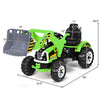 Green 12V battery-powered kids ride-on dumper truck with a working front loader and comfortable seat for outdoor fun.