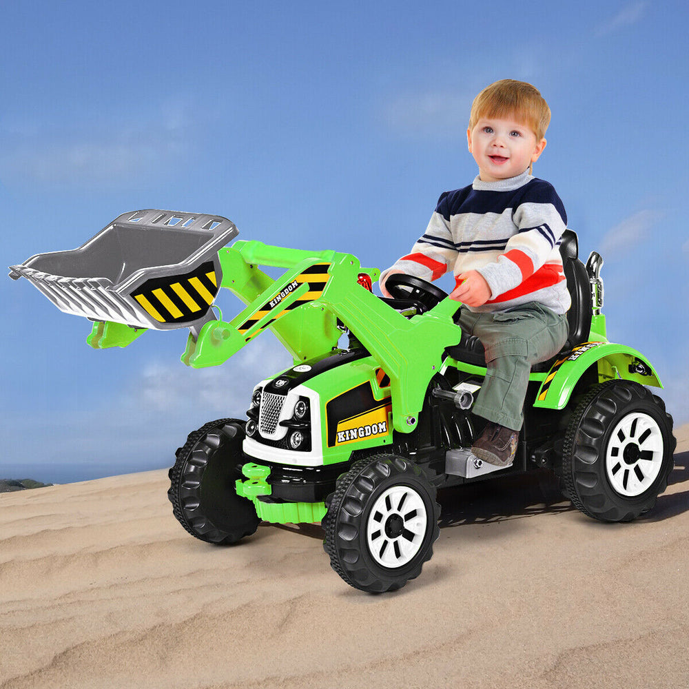 Kids ride-on dumper truck in green with working front loader, perfect for outdoor play and imaginative construction fun.