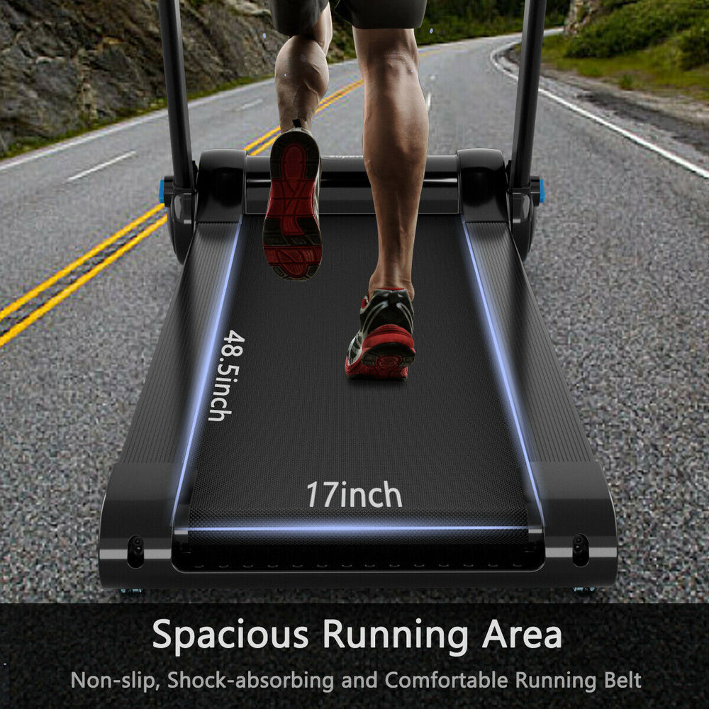 Spacious 17-inch running area of the 2.25HP folding treadmill, featuring a non-slip, shock-absorbing belt for comfort.