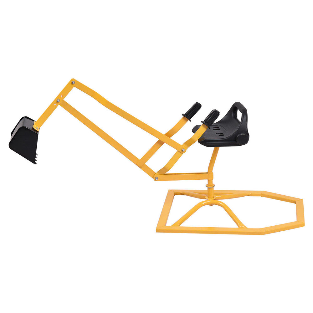 Heavy duty kid ride-on sand digging digger showcasing a secure trapezoid base and yellow steel frame for stable play.