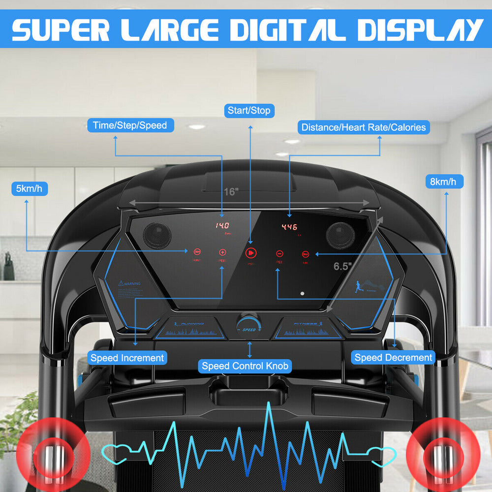 Super large LED touch display of the 2.25HP folding treadmill showing speed, distance, and heart rate for effective.