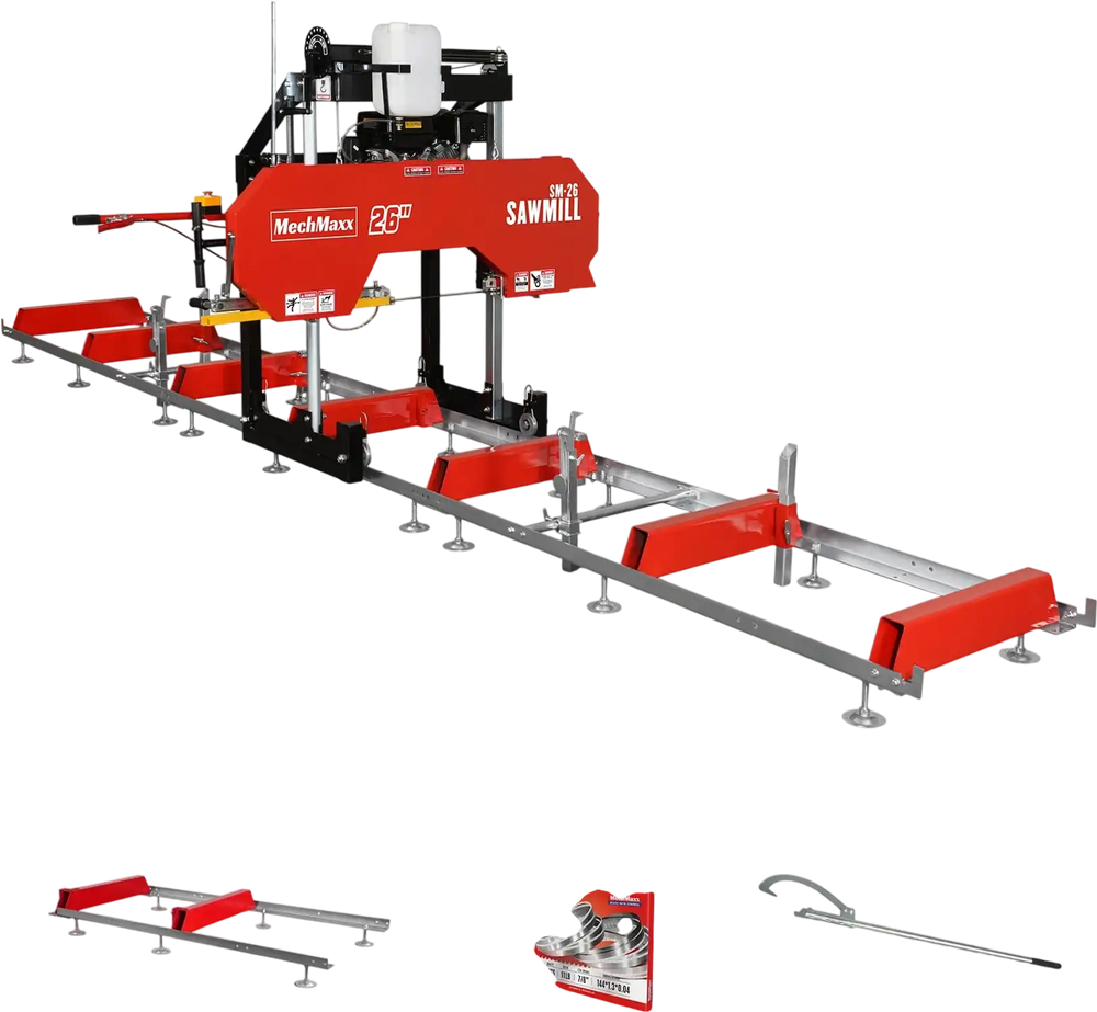 26" Portable Sawmill (5x Blades Included),  KOHLER CH440 429cc E-Start Gasoline Engine,  20" Board Width,  20' Track Length (13' Track Length + 6.4' Track Extension Included) ,  SM-26
