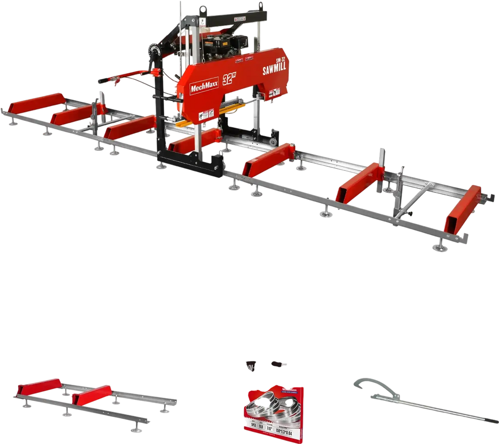 32" Portable Sawmill (5 x Blades Included),  420cc 15HP E-Start Gasoline Engine,  26.5" Board Width,  20' Track Length (13' Track Length + 6.4' Track Extension Included) ,  SM-32