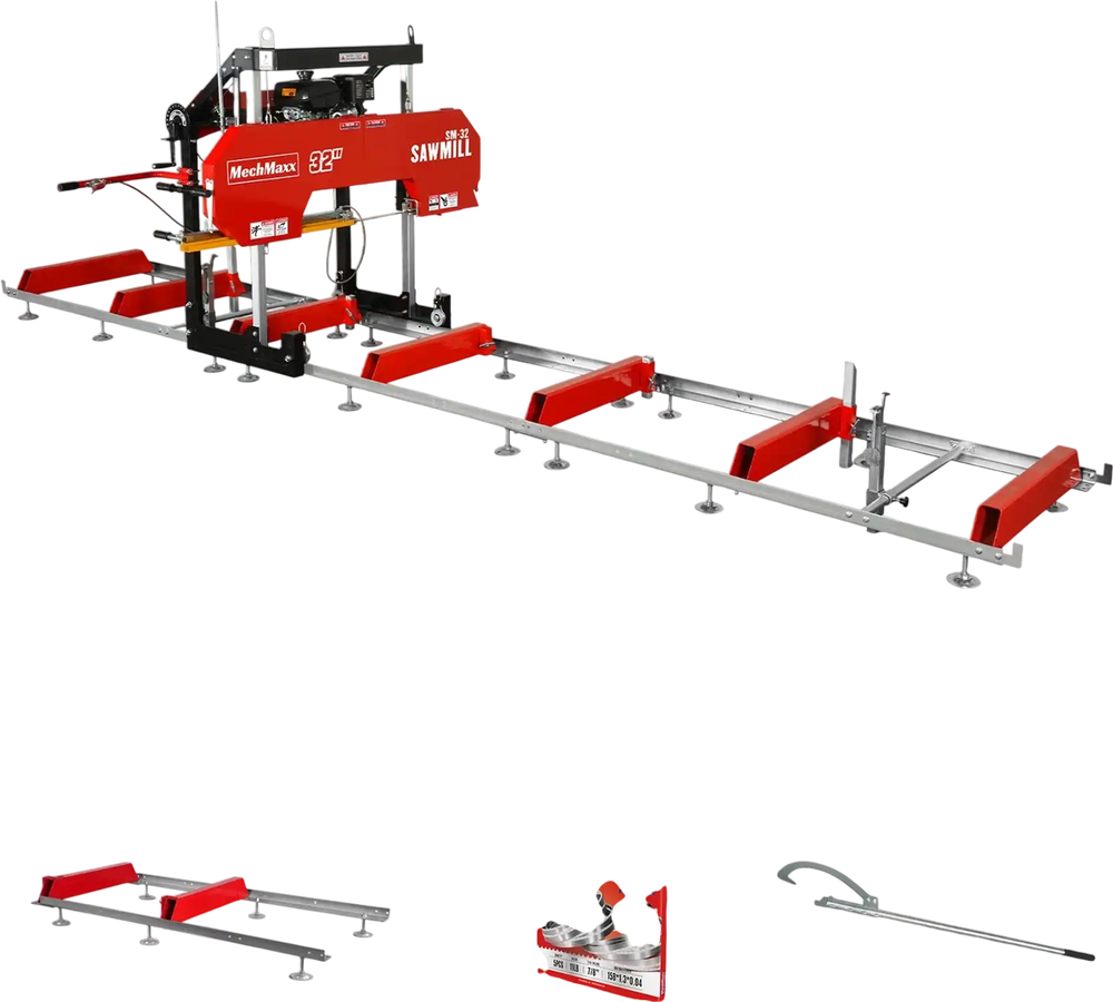 32" Portable Sawmill (5 x Blades Included),   KOHLER CH440 429cc E-Start Gasoline Engine,  26.5" Board Width,  20' Track Length (13' Track Length + 6.4' Track Extension Included) ,  SM-32