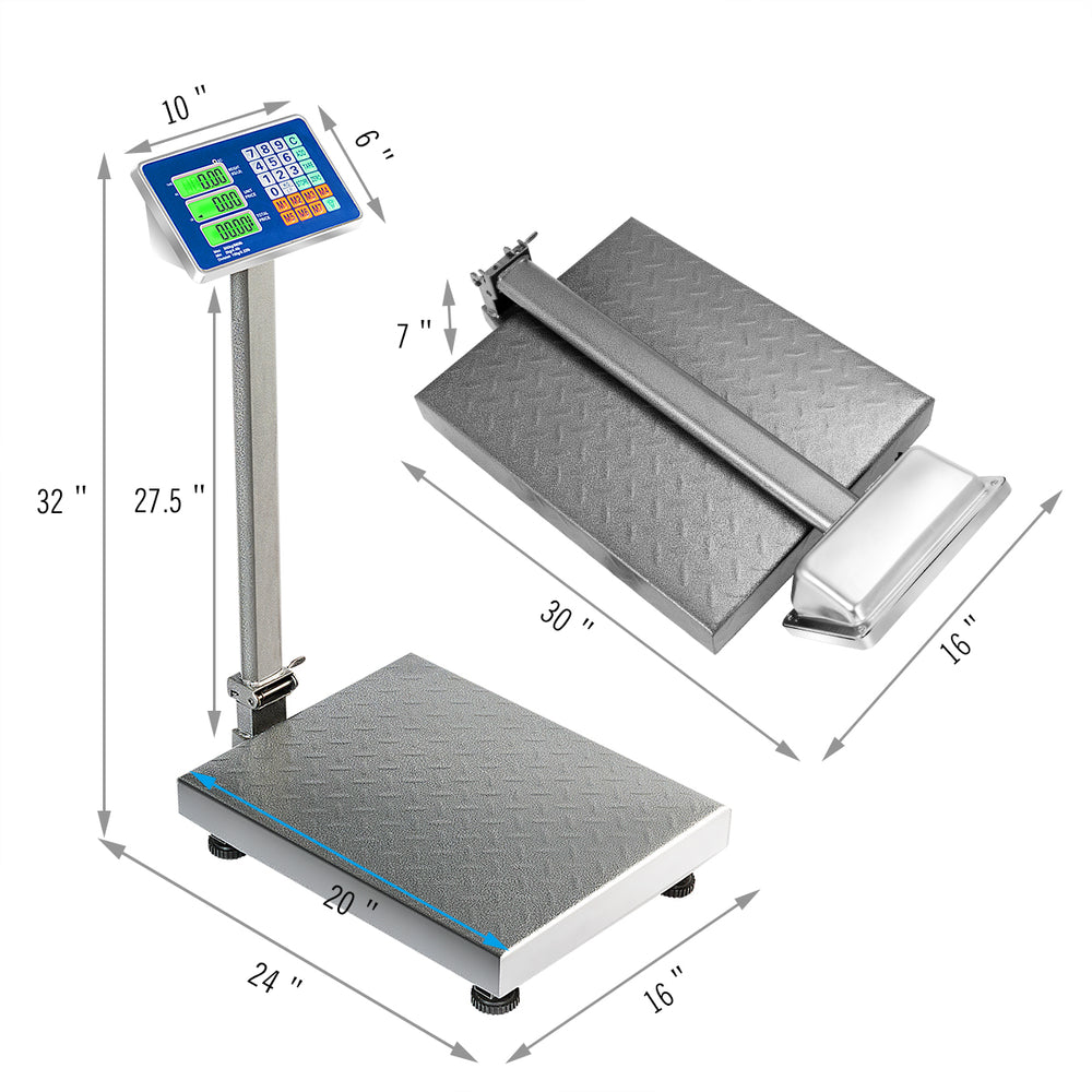 Digital floor folding scale with stainless iron top, 660 lbs capacity, adjustable feet, ideal for warehouses and.