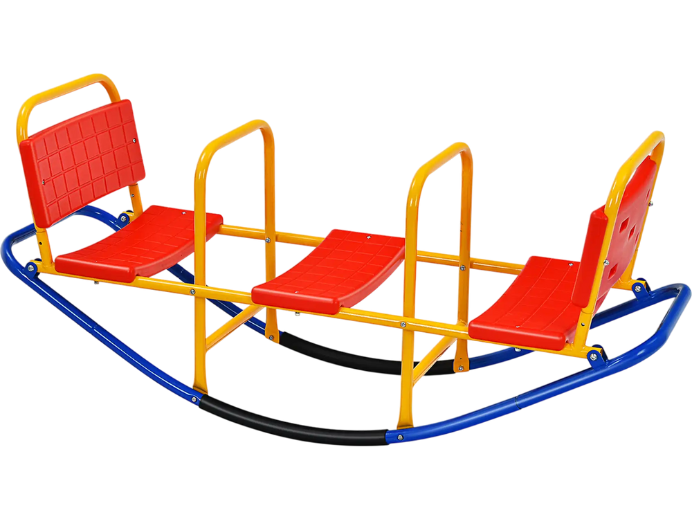 Outdoor kids seesaw teeter for ages 3-8, featuring red seats and sturdy carbon steel frame for safe backyard play.