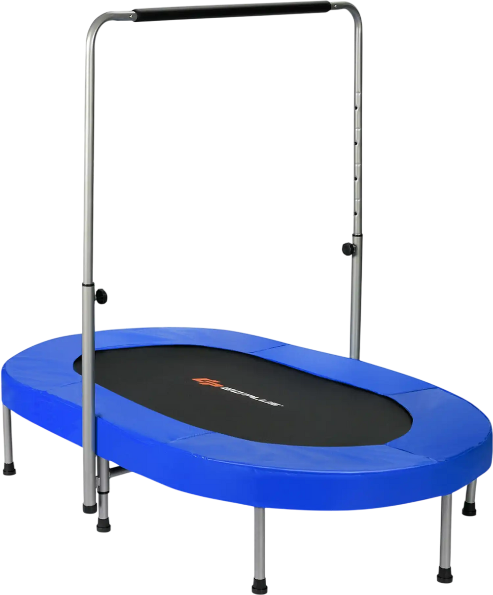 Blue 2-person foldable mini trampoline with adjustable handle, sturdy steel frame, and wide jumping area for kids'.