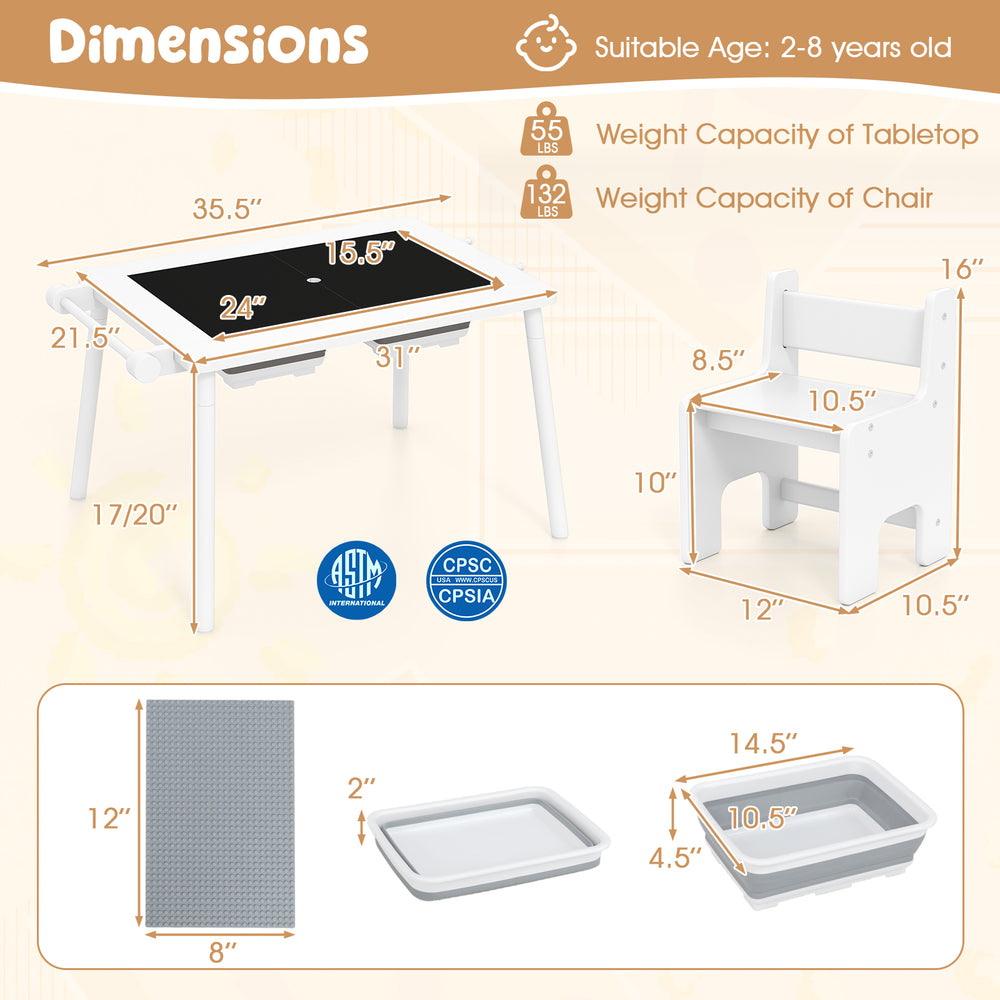 Sensory table and chair set for kids, featuring double-sided tabletops and foldable bins, ideal for play and study.