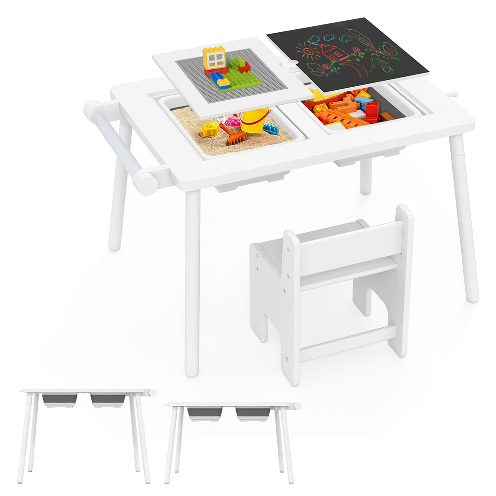 Sensory table and chair set for kids with double-sided tabletops, storage bins, and building blocks board in white.