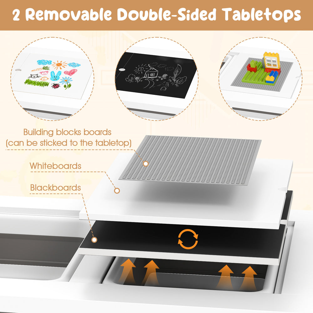 Double-sided tabletops of the sensory table feature blackboard and whiteboard surfaces for versatile play and learning.