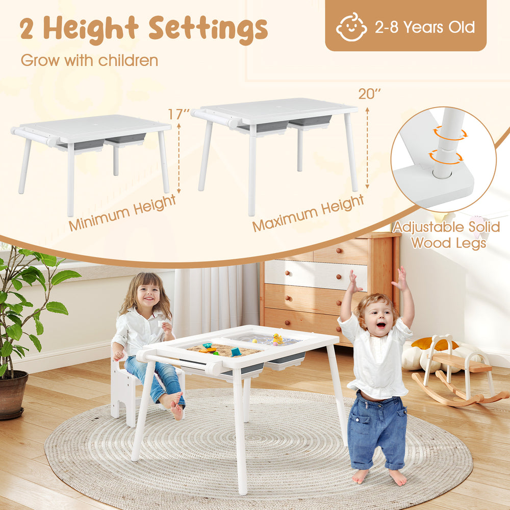 Sensory table and chair set for kids with adjustable height, foldable bins, and dual-sided tabletops for versatile play.