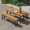 Outdoor dining table and bench set with acacia wood top, perfect for yard, garden, or poolside gatherings.