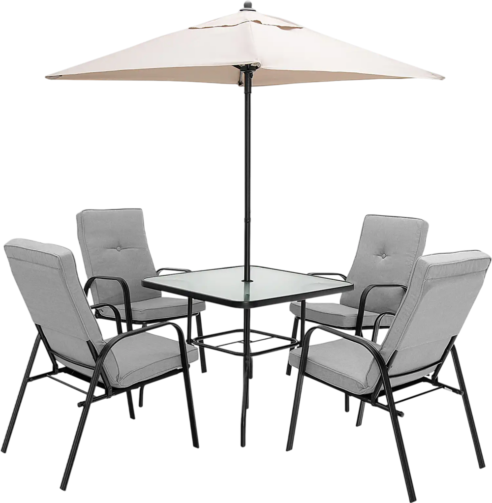 6 Pieces Patio Dining Set with Umbrella and Stackable Cushioned Chairs