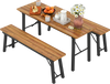 Outdoor Dining Table and Bench Set with Acacia Wood Top for Yard Garden Poolside