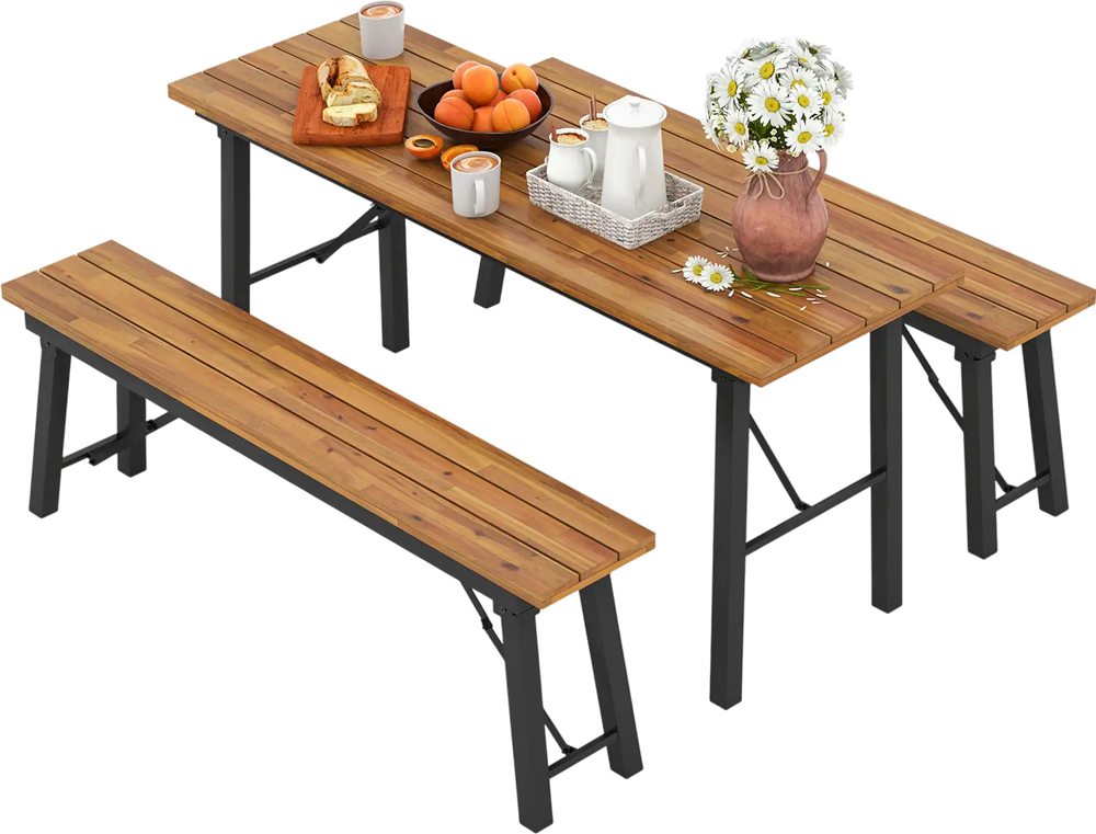 Outdoor Dining Table and Bench Set with Acacia Wood Top for Yard Garden Poolside