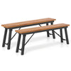 Outdoor dining table and bench set featuring acacia wood tops and sturdy metal legs, ideal for yard and poolside use.
