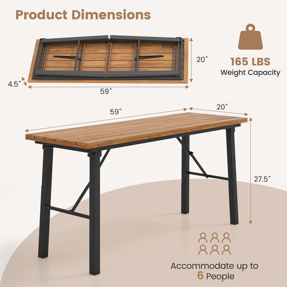 Outdoor dining table with acacia wood top, folding design, 165 lbs capacity, accommodates up to 6 people for garden use.