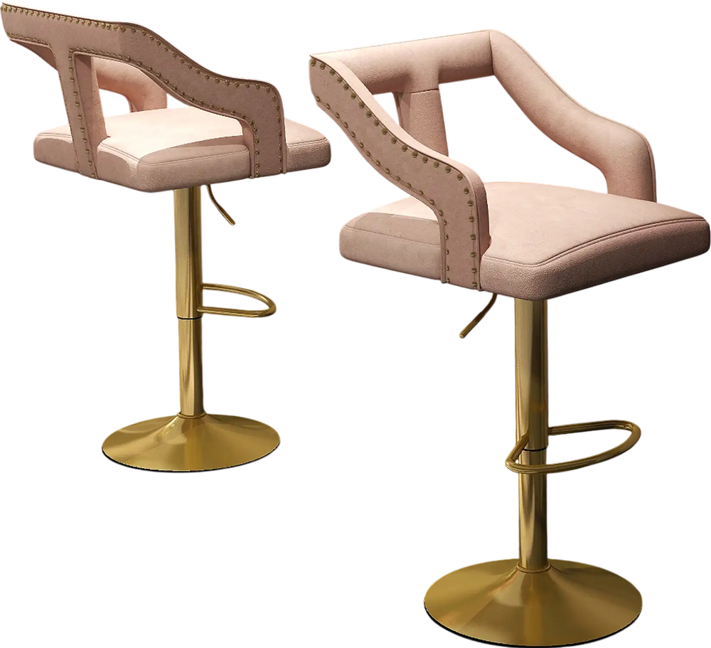 Set of 2 pink bar chairs with footrest, featuring a 2-layer electroplated metal base for stylish kitchen seating.