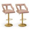 Set of 2 pink bar chairs with T-shaped backrest, adjustable height, and gold electroplated metal base for stylish.