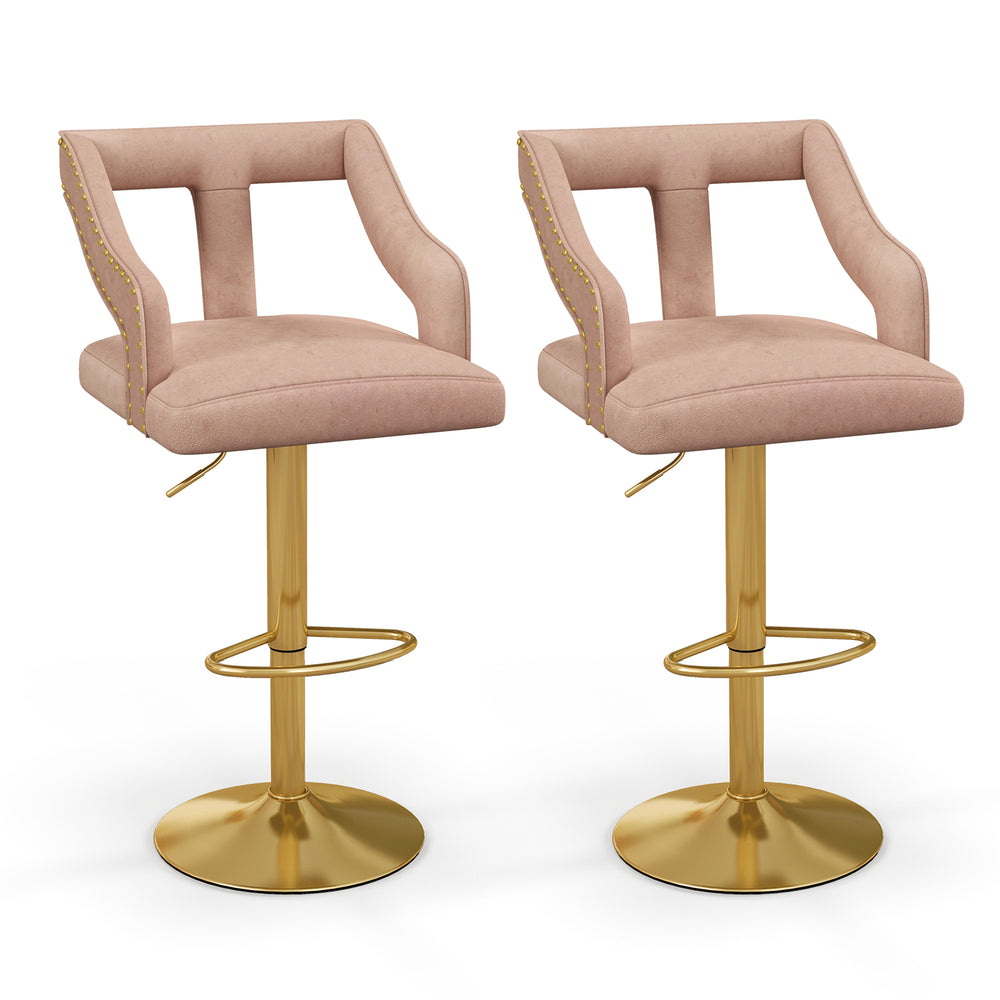 Set of 2 pink bar chairs with T-shaped backrest, adjustable height, and gold electroplated metal base for stylish.