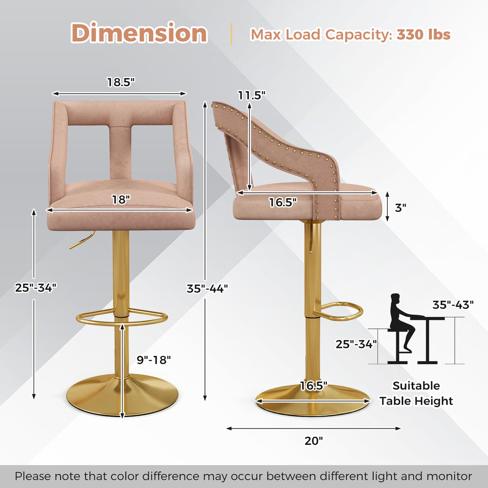 Bar chair dimensions with pink velvet upholstery, 360° swivel, and electroplated metal base for stylish kitchen seating.