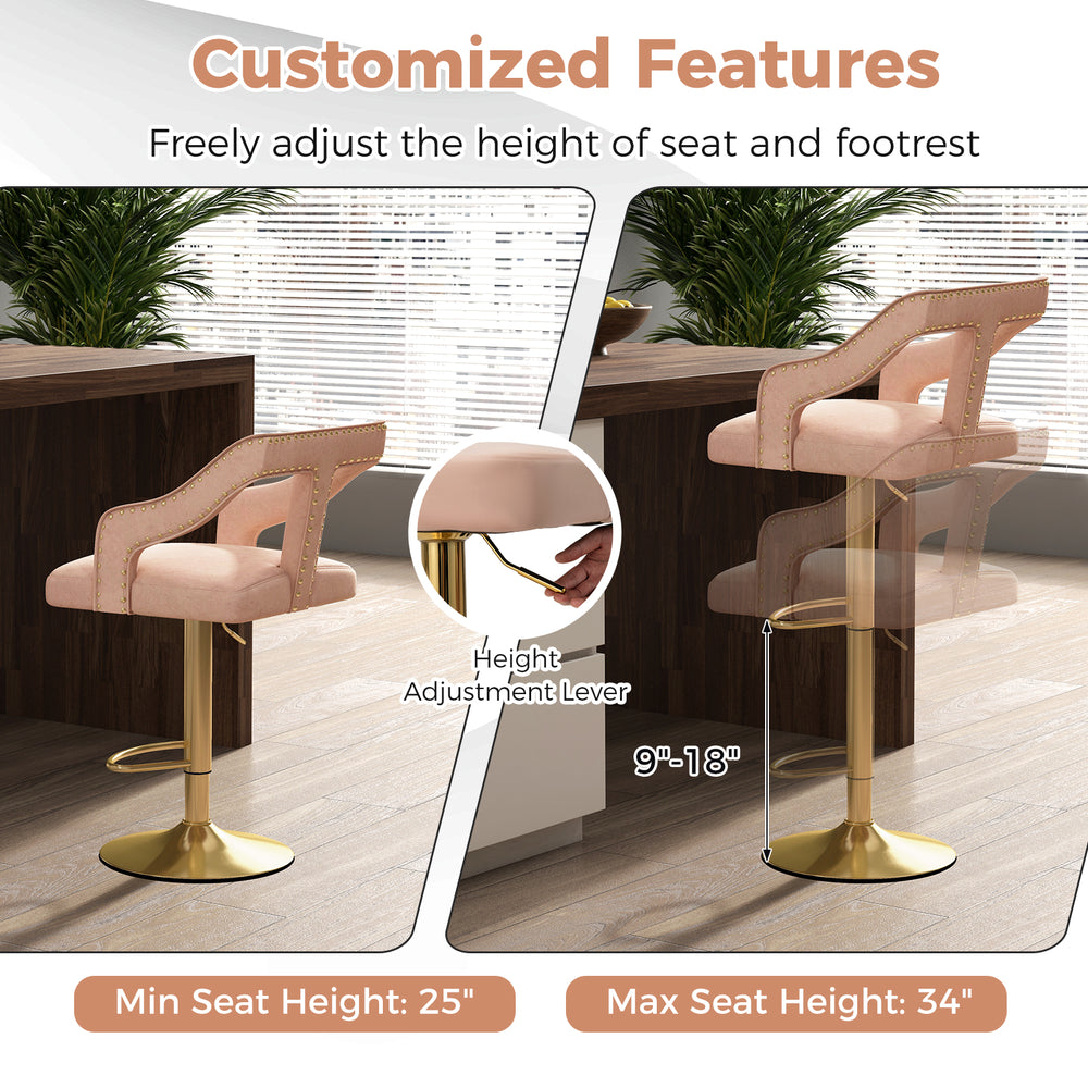 Pink bar chair set with adjustable height, 360° swivel, and electroplated metal base for stylish kitchen decor.