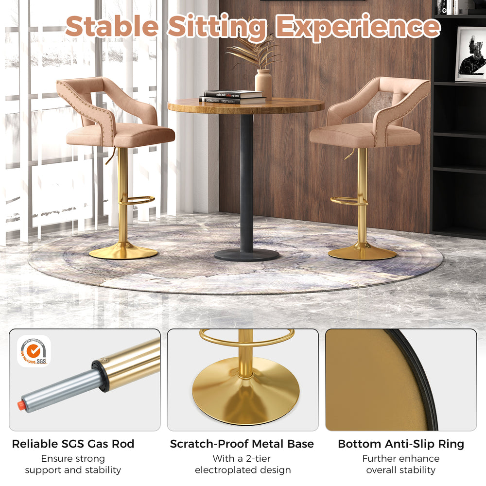 Set of 2 pink bar chairs with footrest, 360° swivel, and scratch-proof electroplated metal base for stylish kitchen.