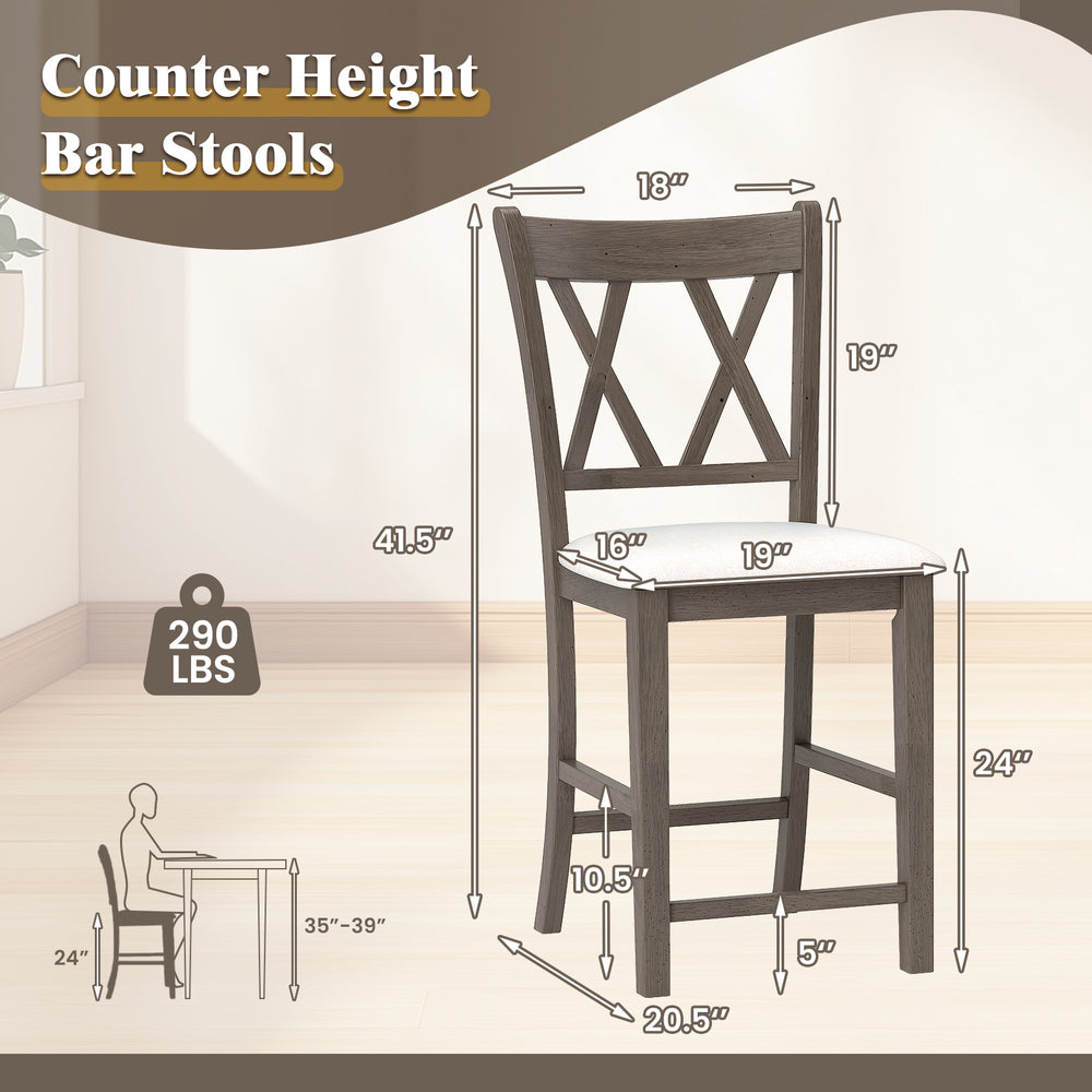 Counter height bar stool with cross back design, beige linen upholstered seat, solid rubber wood frame, supports 290.