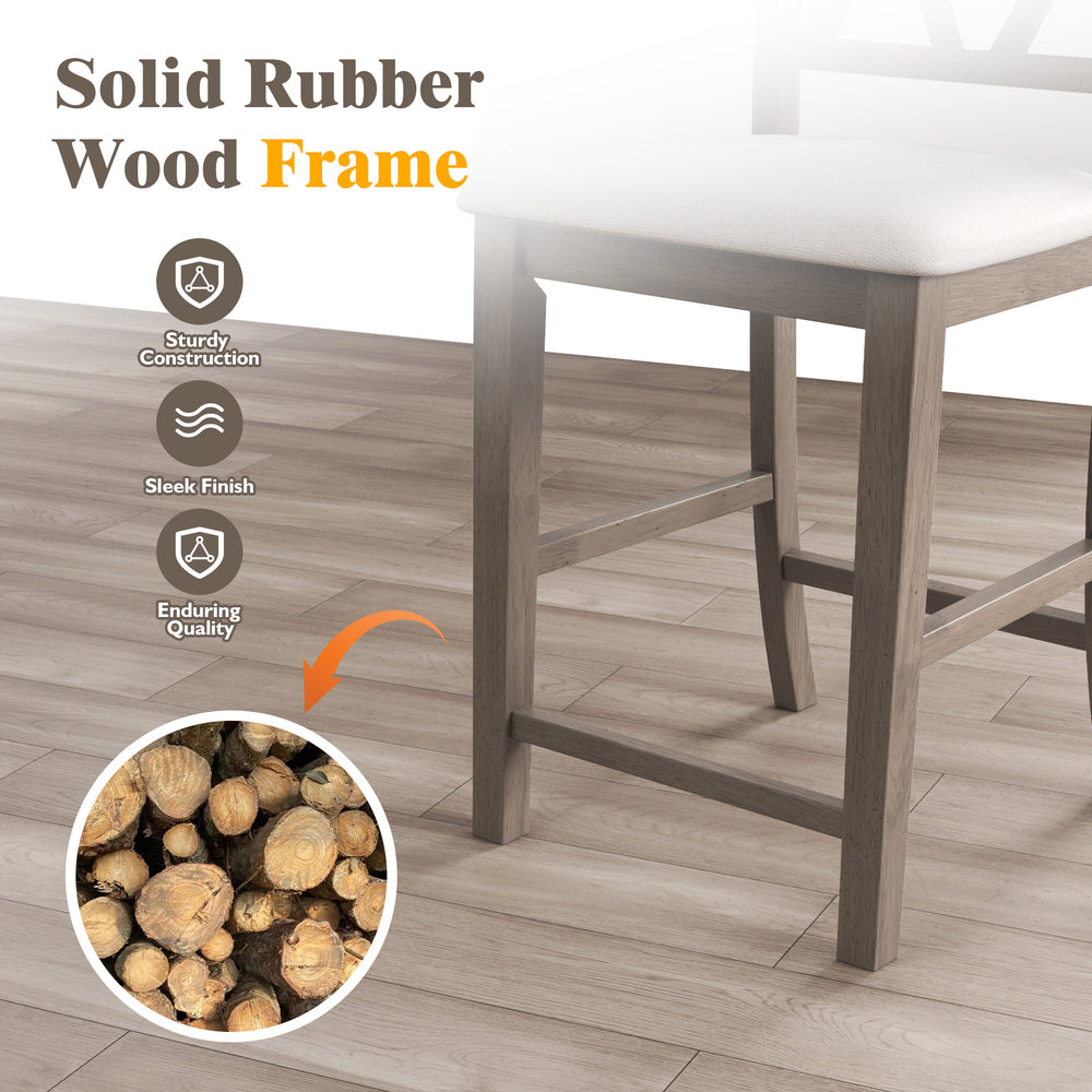 Bar stool with solid rubber wood frame and beige linen fabric seat, featuring ergonomic backrest and double X design.