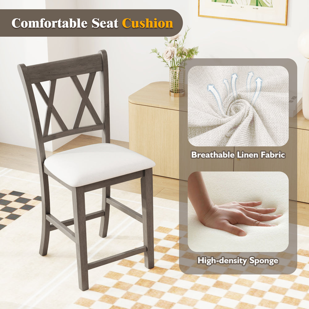 Cross back bar stool with beige linen fabric seat cushion and ergonomic design for optimal comfort and support.